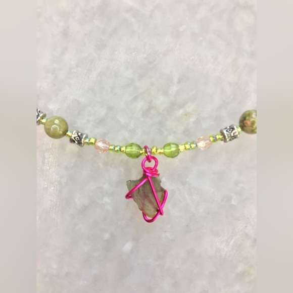 Natural Moldavite Necklace with Unakite Stones, Czech Crystals & Wire Wrapped  💖 - Picture 2 of 15